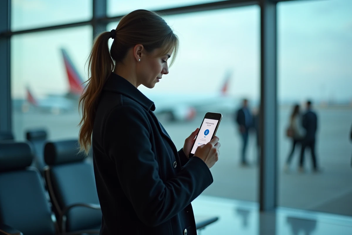 Hôtesse Air France consultant Intralignes via VPN sur smartphone dans un terminal d'aéroport