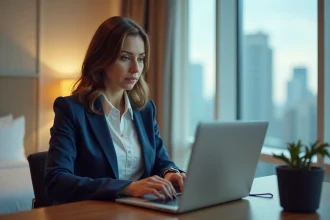 Employée Air France en déplacement à l'étranger accédant à l'intranet de l'entreprise depuis un hôtel via son ordinateur portable