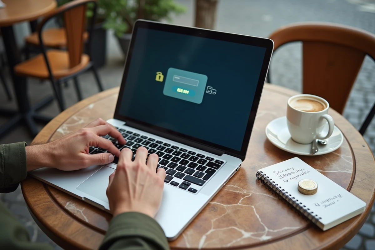 Mains tapant sur un ordinateur portable dans un café à l'étranger pour accéder à l'intranet sécurisé d'Air France avec précautions