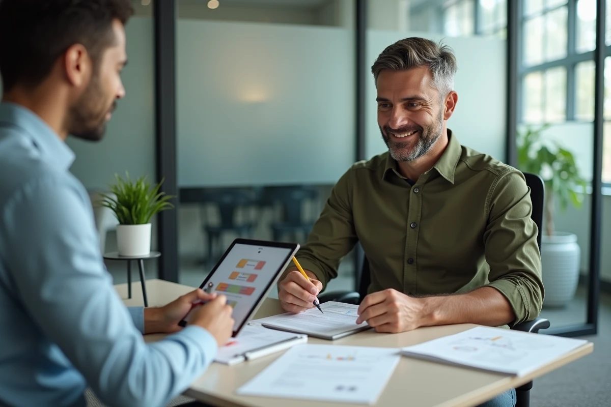 Micro-entrepreneur rencontrant un conseiller professionnel pour être accompagné dans la création de son entreprise en toute sécurité