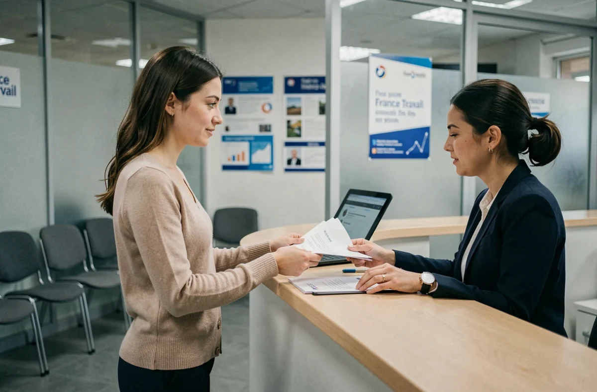 Jeune femme déposant des documents à l'accueil d'une agence France Travail pour adapter son suivi à son profil