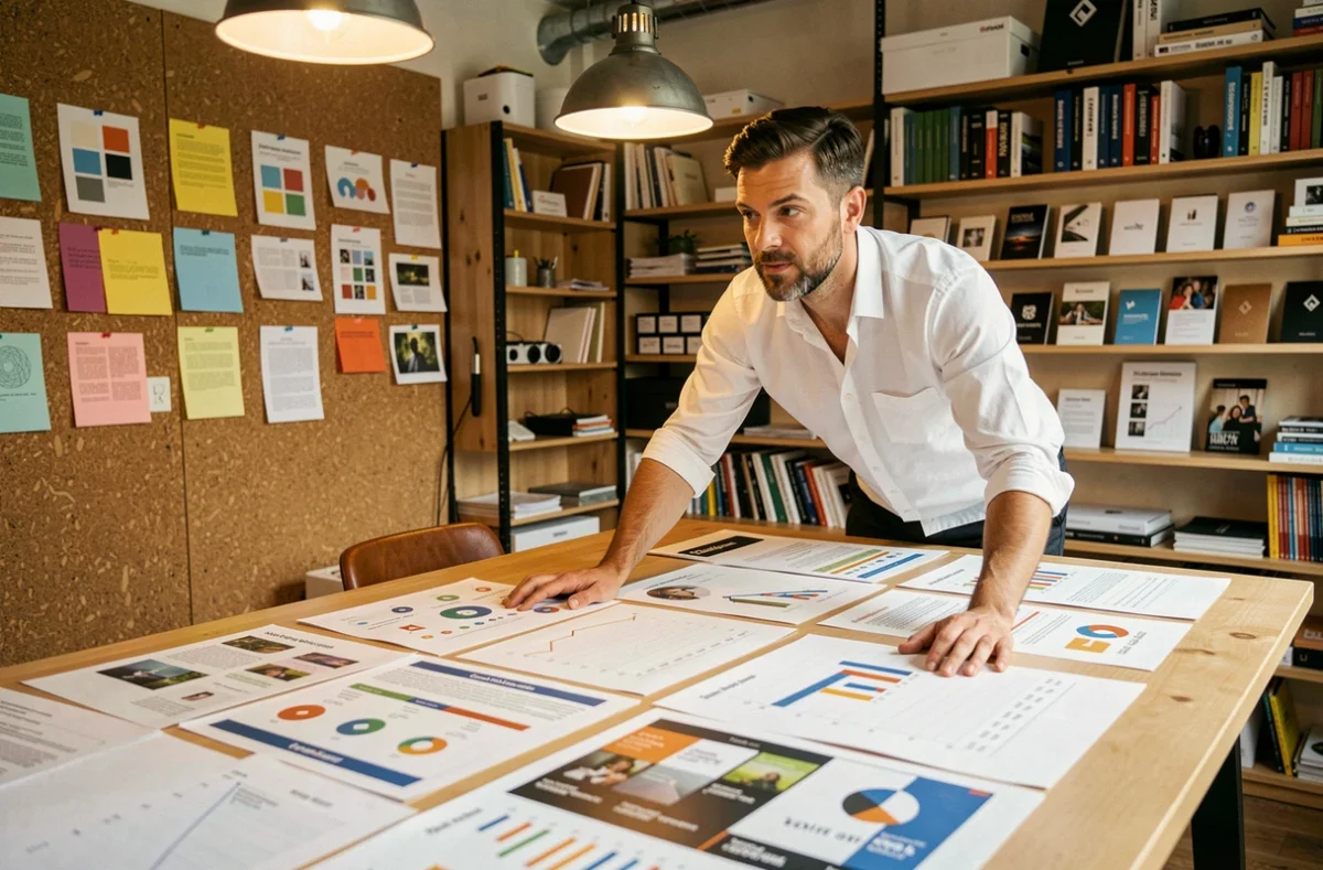 Chef de projet de l'agence ActivDia à Vitry-sur-Seine étudiant des rapports de campagnes digitales sur une table dans un bureau créatif aux murs couverts de mood boards