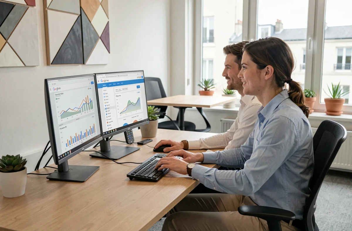 Deux experts de l'agence Ads Up à Créteil travaillant ensemble sur des tableaux de bord Google Ads dans un bureau contemporain