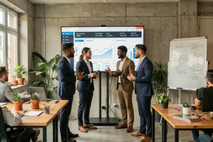 Équipe d'une agence de marketing digital en Val-de-Marne réunie autour d'un tableau de bord analytique dans un open-space moderne