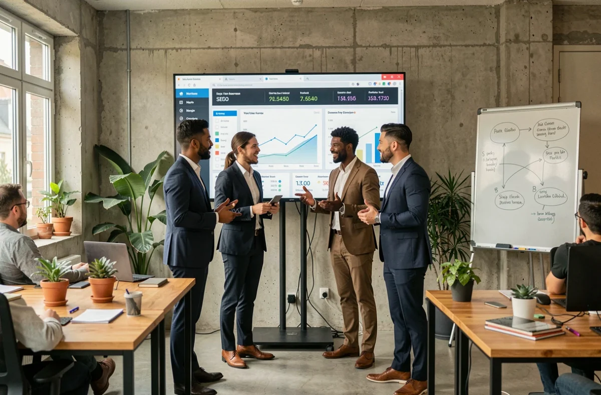 Équipe d'une agence de marketing digital en Val-de-Marne réunie autour d'un tableau de bord analytique dans un open-space moderne