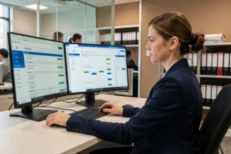 Agent douanière utilisant un logiciel d'automatisation des procédures douanières sur un poste de travail moderne