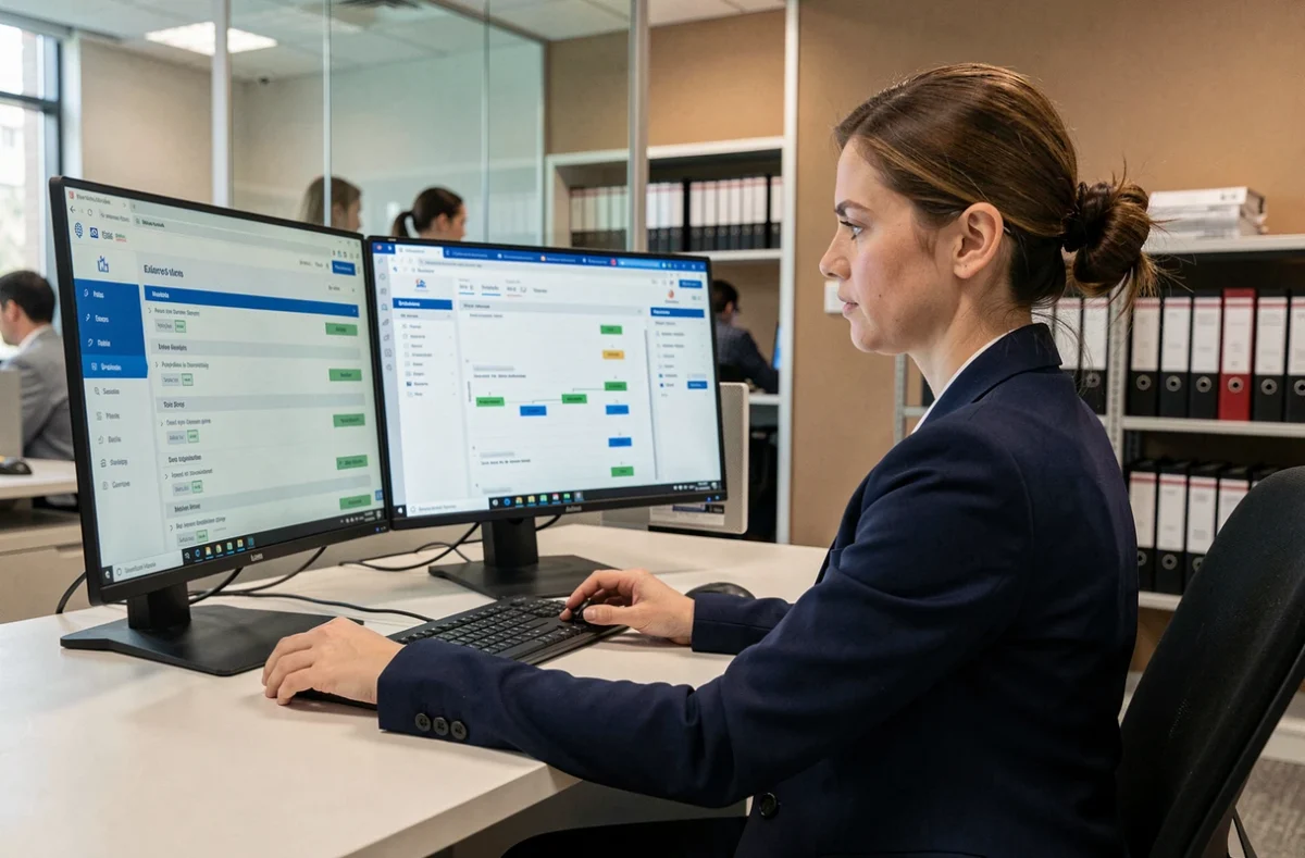 Agent douanière utilisant un logiciel d'automatisation des procédures douanières sur un poste de travail moderne