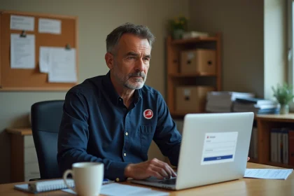 Agent La Poste consultant le portail GTm Extranet sur un ordinateur de bureau pour accéder à ses fiches de paie
