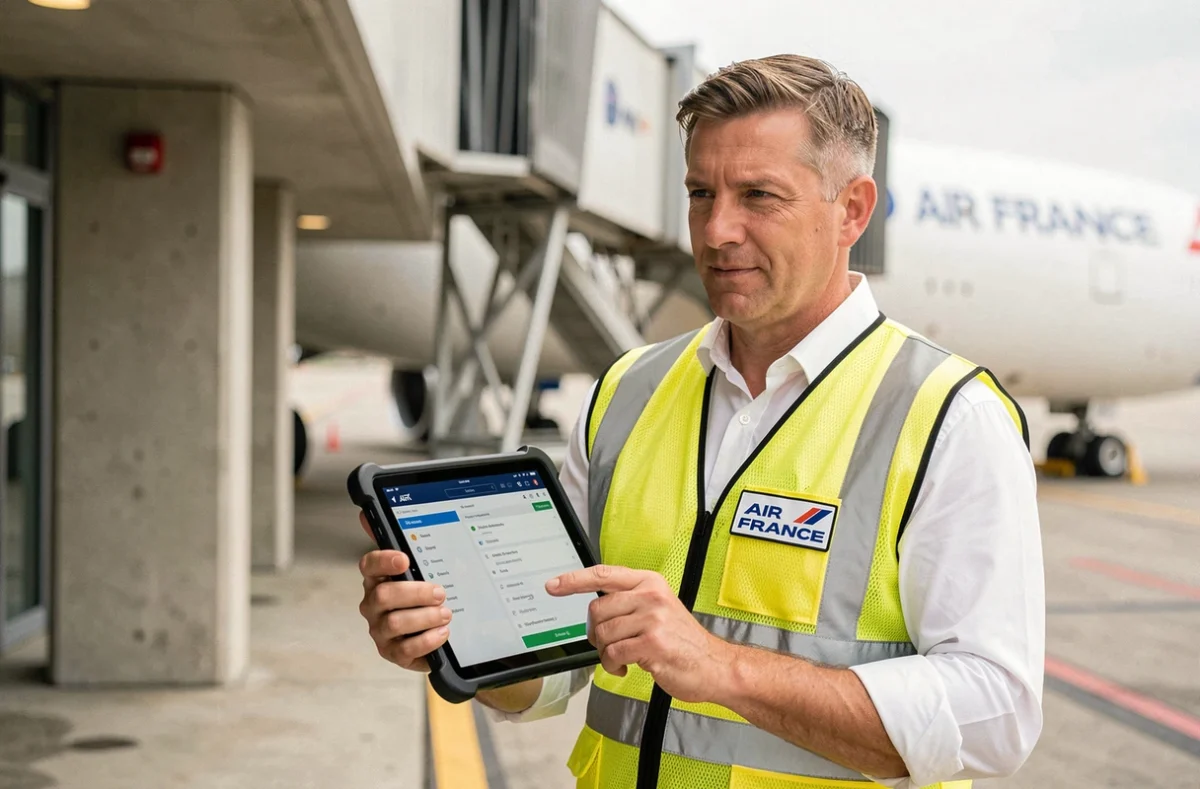 Agent de piste Air France utilisant une tablette pour accéder aux outils internes près d'une passerelle d'embarquement