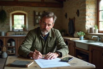 Agriculteur auto-entrepreneur remplissant une déclaration administrative MSA à la table de sa ferme