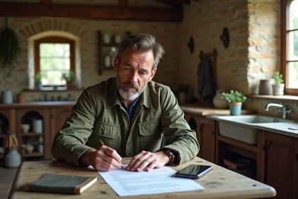 Agriculteur auto-entrepreneur remplissant une déclaration administrative MSA à la table de sa ferme