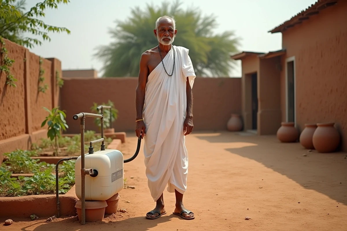 Agriculteur rural inspectant un syst&egrave;me d'irrigation artisanal frugal fait de mat&eacute;riaux de r&eacute;cup&eacute;ration dans une cour en Asie du Sud