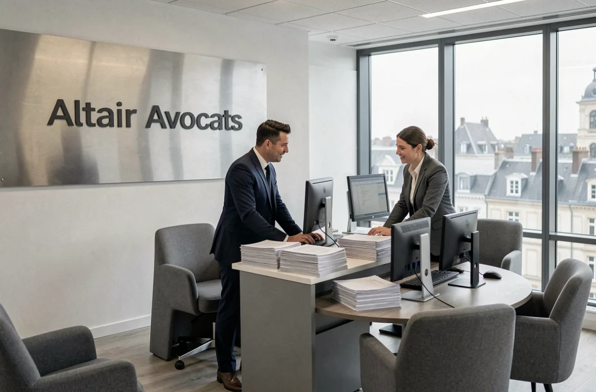 Bureau moderne du cabinet Altair Avocats avec deux avocats collaborant à un bureau debout