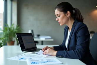 Professionnelle analysant des documents KBIS et des données légales d'entreprises pour une veille concurrentielle dans un bureau moderne