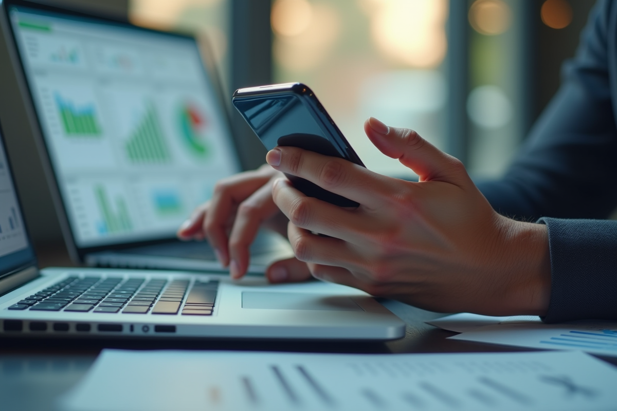 Mains utilisant un smartphone et un ordinateur portable avec graphiques