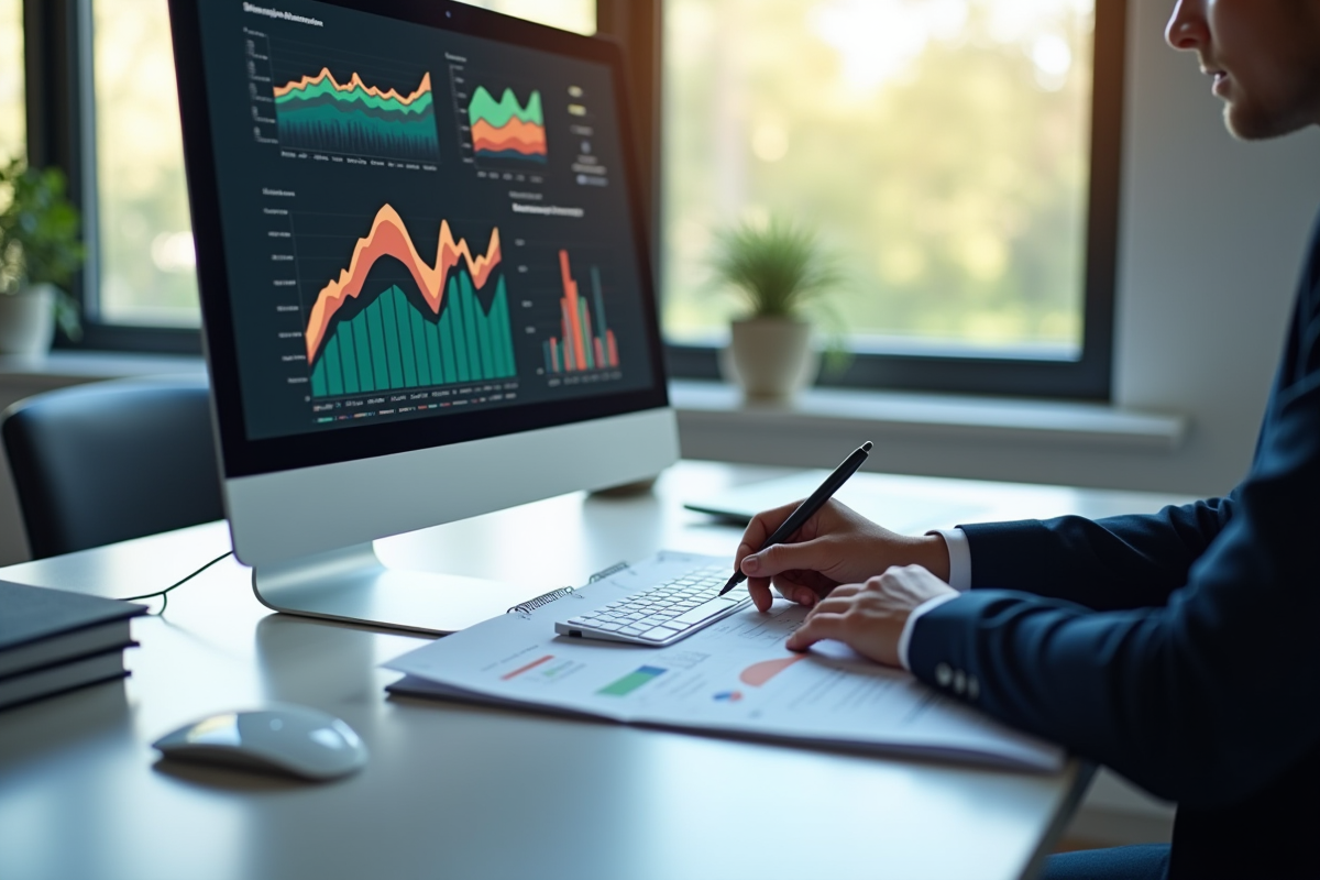 Auditeur analysant des documents et graphiques au bureau