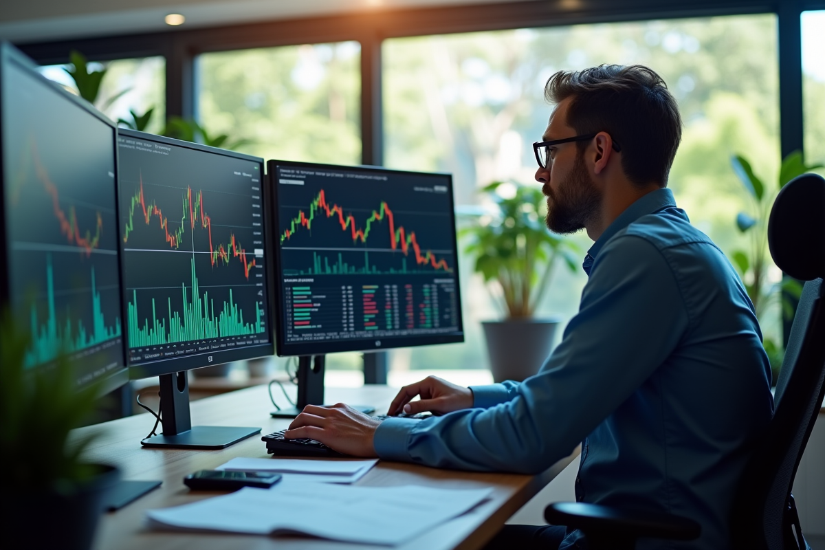 Trader concentré analysant graphiques financiers en bureau lumineux