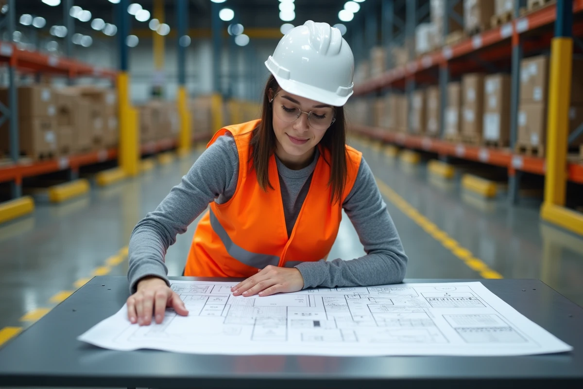 Analyste logistique étudiant un plan de dimensionnement des flux dans un entrepôt de distribution centrale avec convoyeurs en arrière-plan