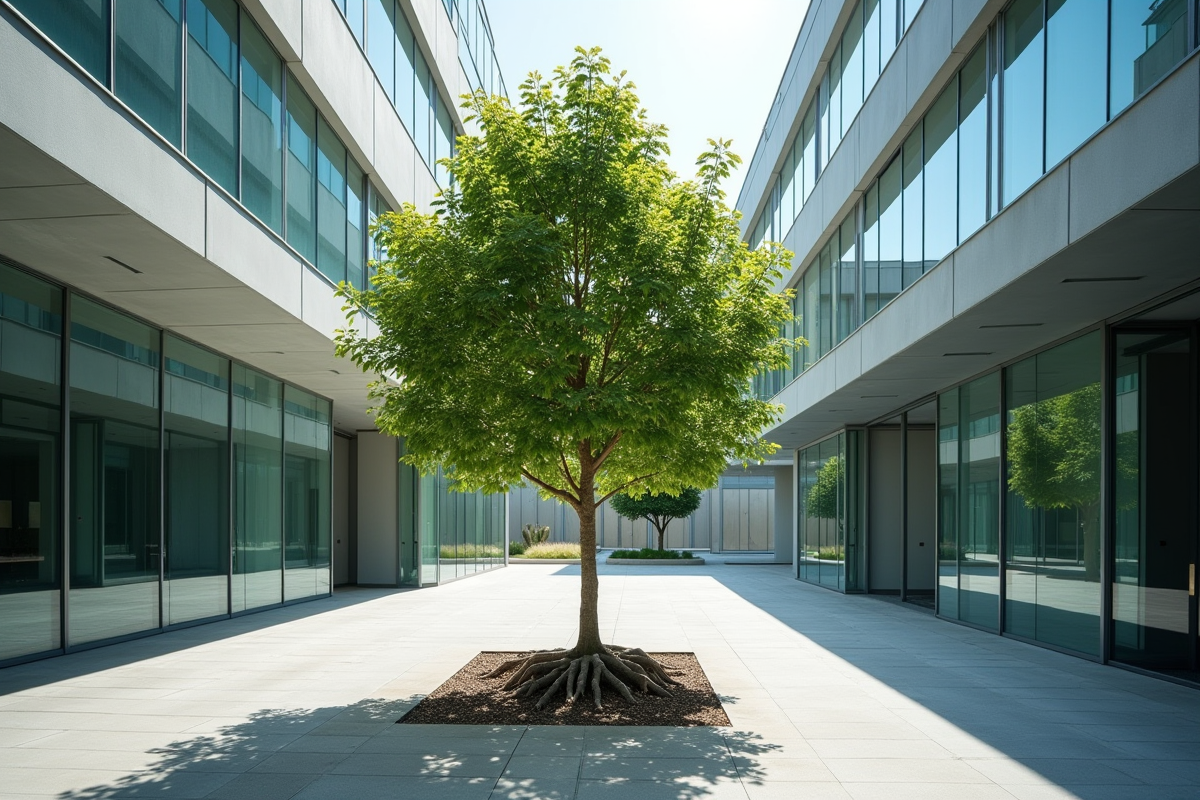 Arbre mature dans cour urbaine moderne en plein jour