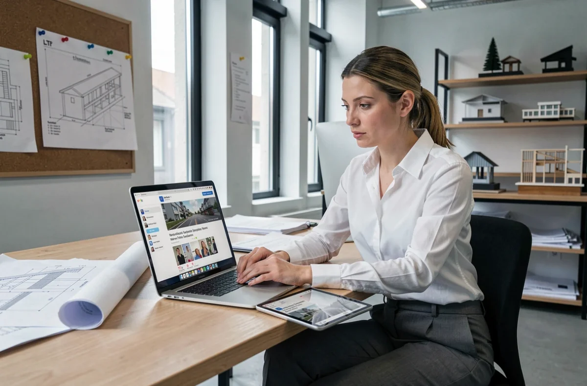Architecte comparant un site d'actualité BTP et les réseaux sociaux sur ordinateur portable et tablette dans un bureau moderne