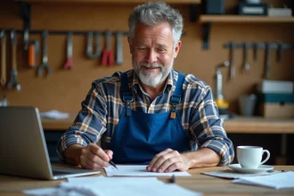 Artisan homme en atelier organisant ses papiers