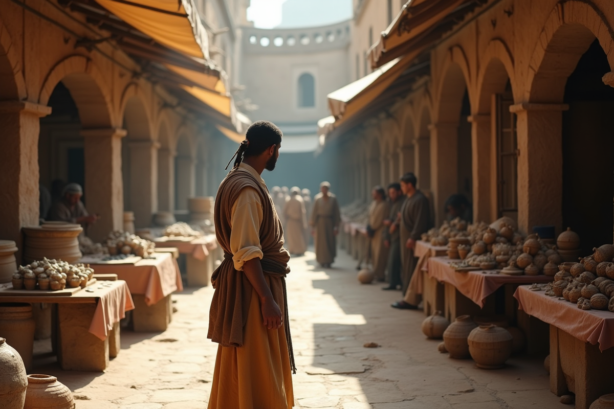 Artisan ancien dans un marché en plein air animé