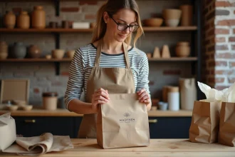 Artisane pliant un sac papier kraft personnalisé avec logo minimaliste dans un atelier de création indépendant