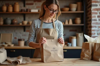 Artisane pliant un sac papier kraft personnalisé avec logo minimaliste dans un atelier de création indépendant