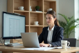 Auditrice en télétravail lors d'un appel vidéo dans un bureau à domicile professionnel et organisé