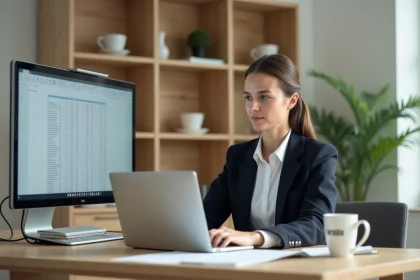 Auditrice en télétravail lors d'un appel vidéo dans un bureau à domicile professionnel et organisé