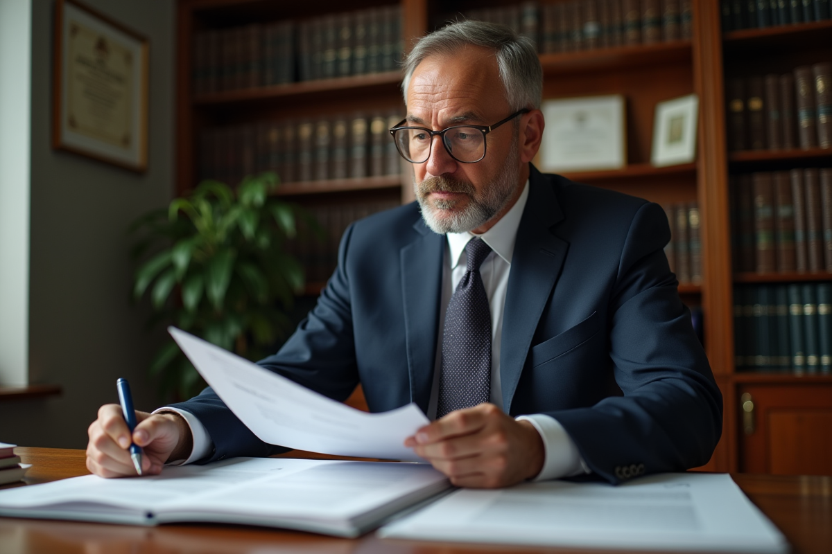 Avocat en costume navy examinant des documents officiels dans son bureau
