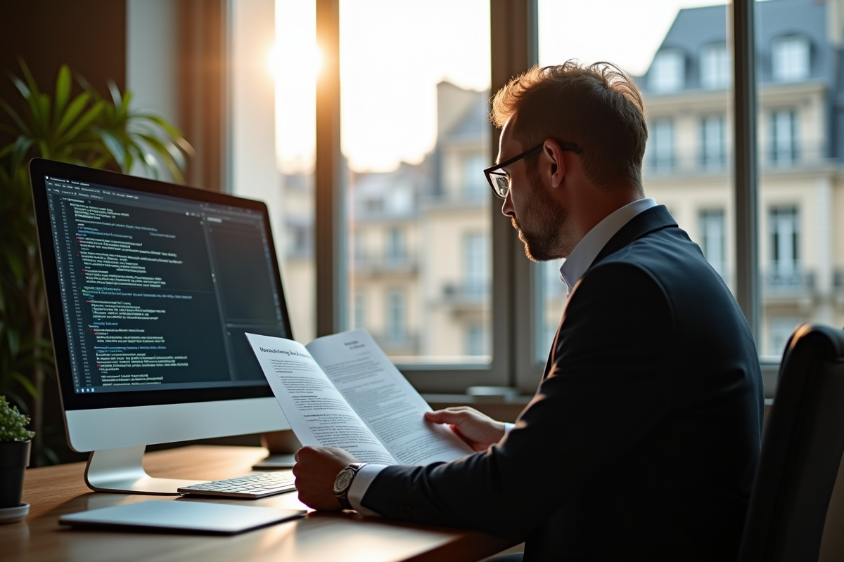 Avocat lisant un document sur la loi sur l
