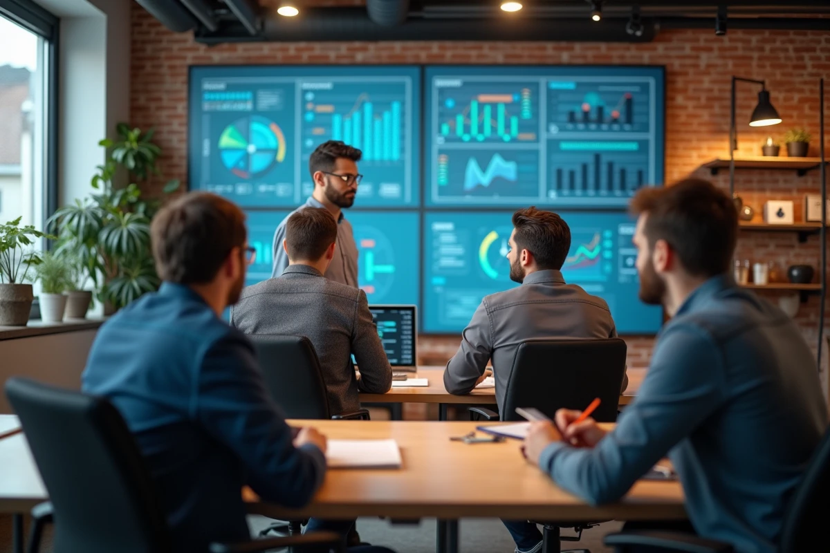 Groupe de professionnels discutant autour d un tableau digital