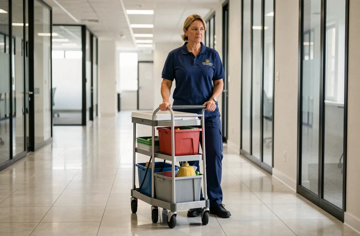 Employée de Brilliant Propreté Et Multi-Services avec son chariot de nettoyage dans un couloir de bureau