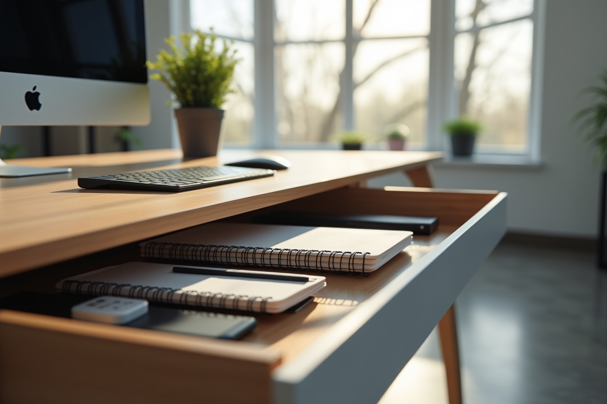 Tiroir de bureau organisé avec fournitures et accessoires