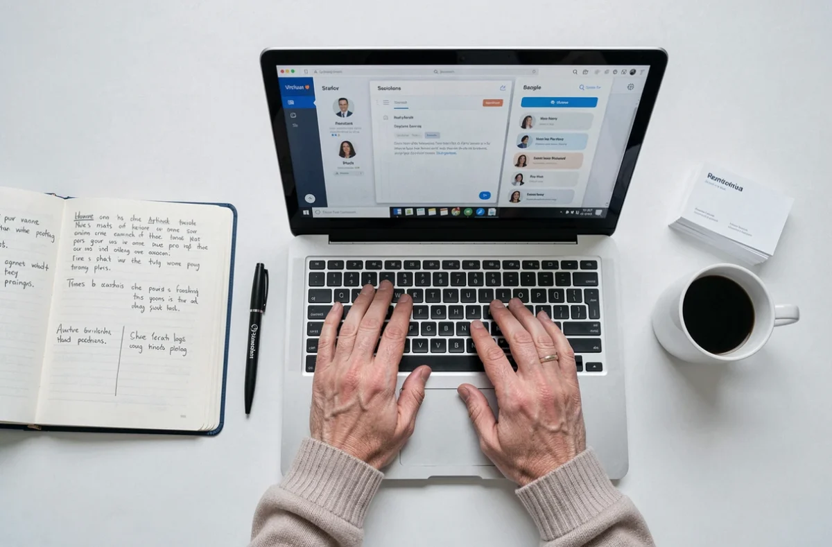 Vue aérienne d'un bureau organisé avec agenda, ordinateur et cartes de visite, symbolisant les services d'un secrétariat en ligne pour créateurs d'entreprise