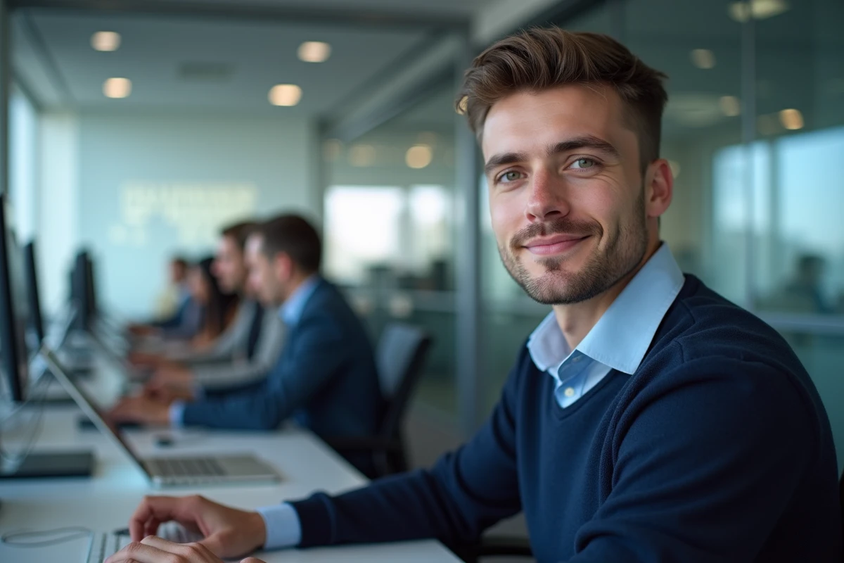 Employé d'un grand cabinet d'audit en mode hybride dans un open space moderne avec collègues en présentiel et à distance