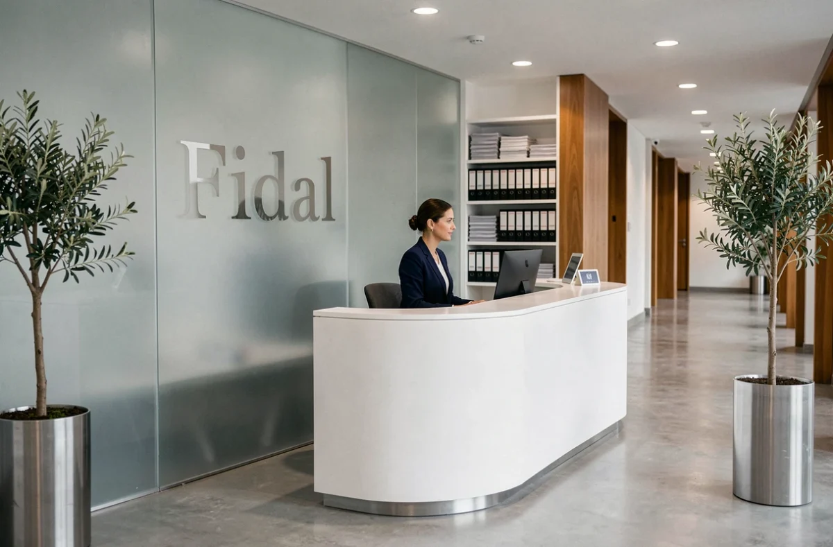 Accueil moderne du cabinet Fidal à Tours avec réceptionniste en blazer marine