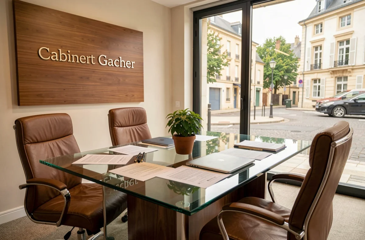 Salle de réunion du Cabinet Gaucher avec documents juridiques sur table en verre