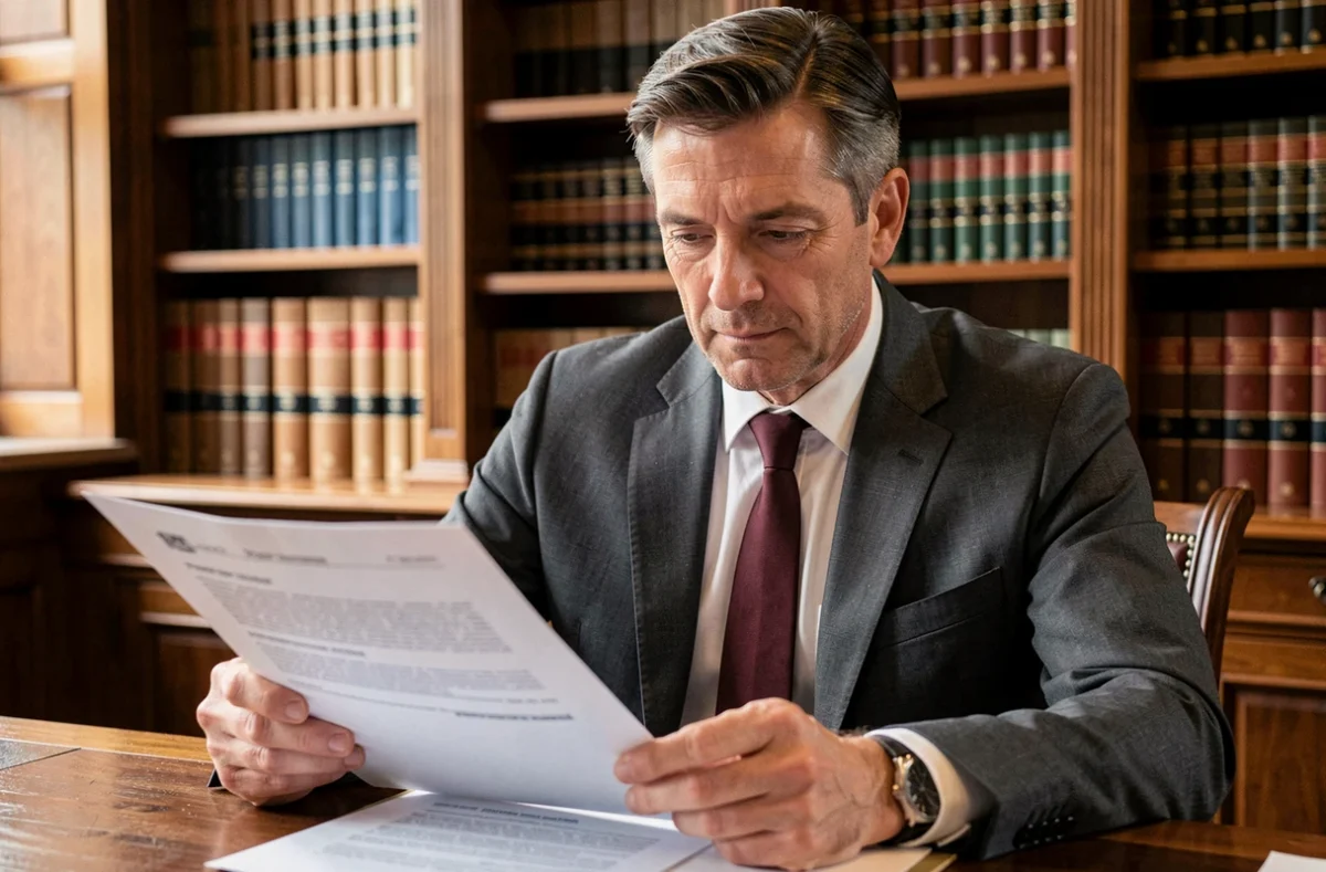 Avocat Vincent Fontenille examinant un contrat juridique dans son cabinet