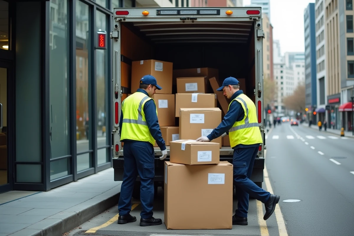 Agents de débarras professionnel chargeant du mobilier de bureau et des équipements électroniques dans un camion devant un immeuble commercial