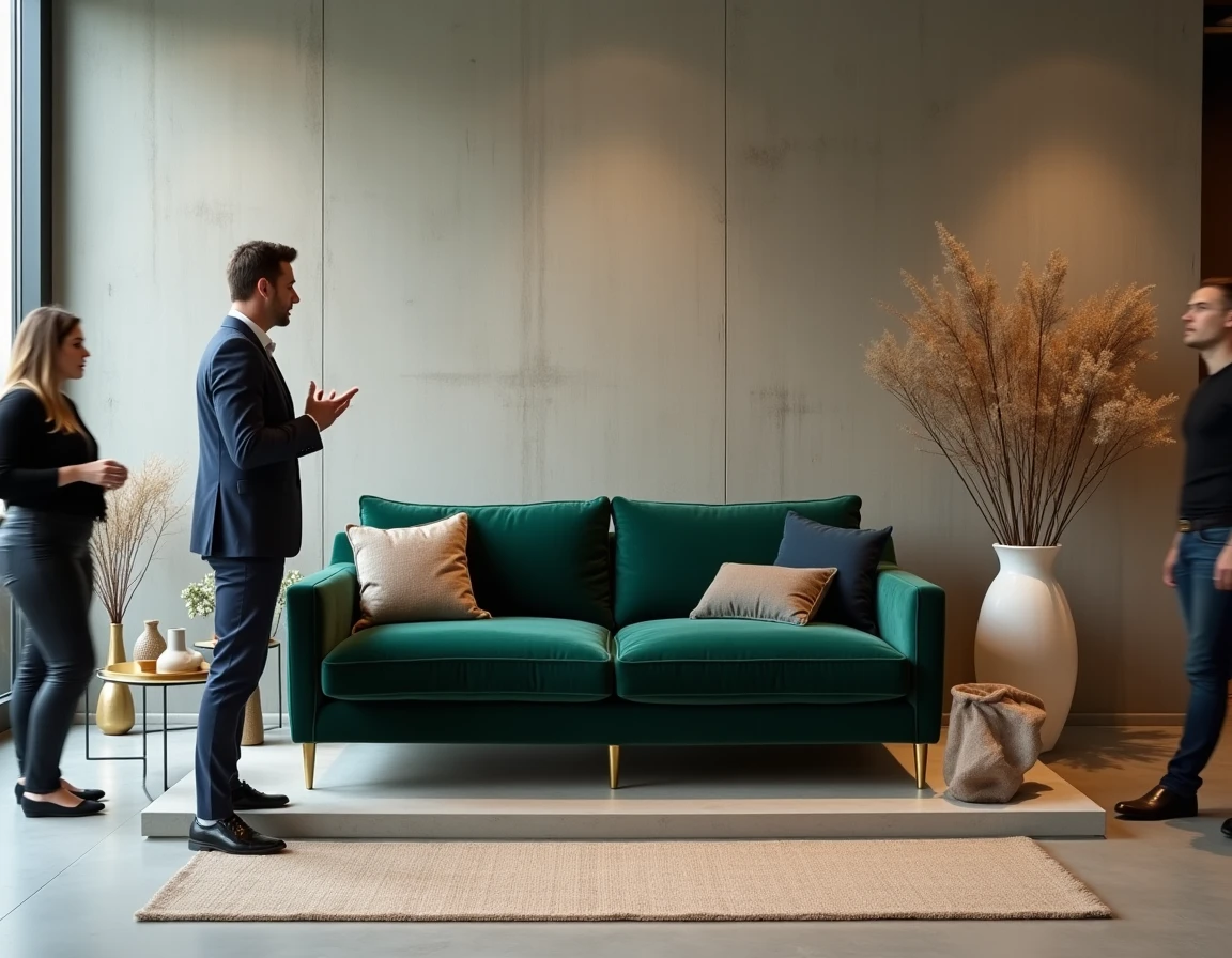 Canapé SOFFRAN Tapizados en velours vert exposé dans un showroom contemporain avec un conseiller de vente