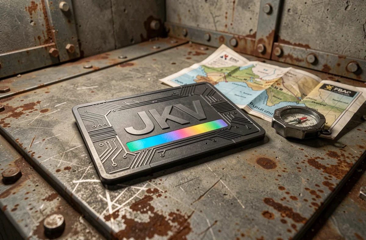 Carte d'accès JKV futuriste posée sur une surface métallique usée avec carte tactique et boussole, environnement bunker post-apocalyptique