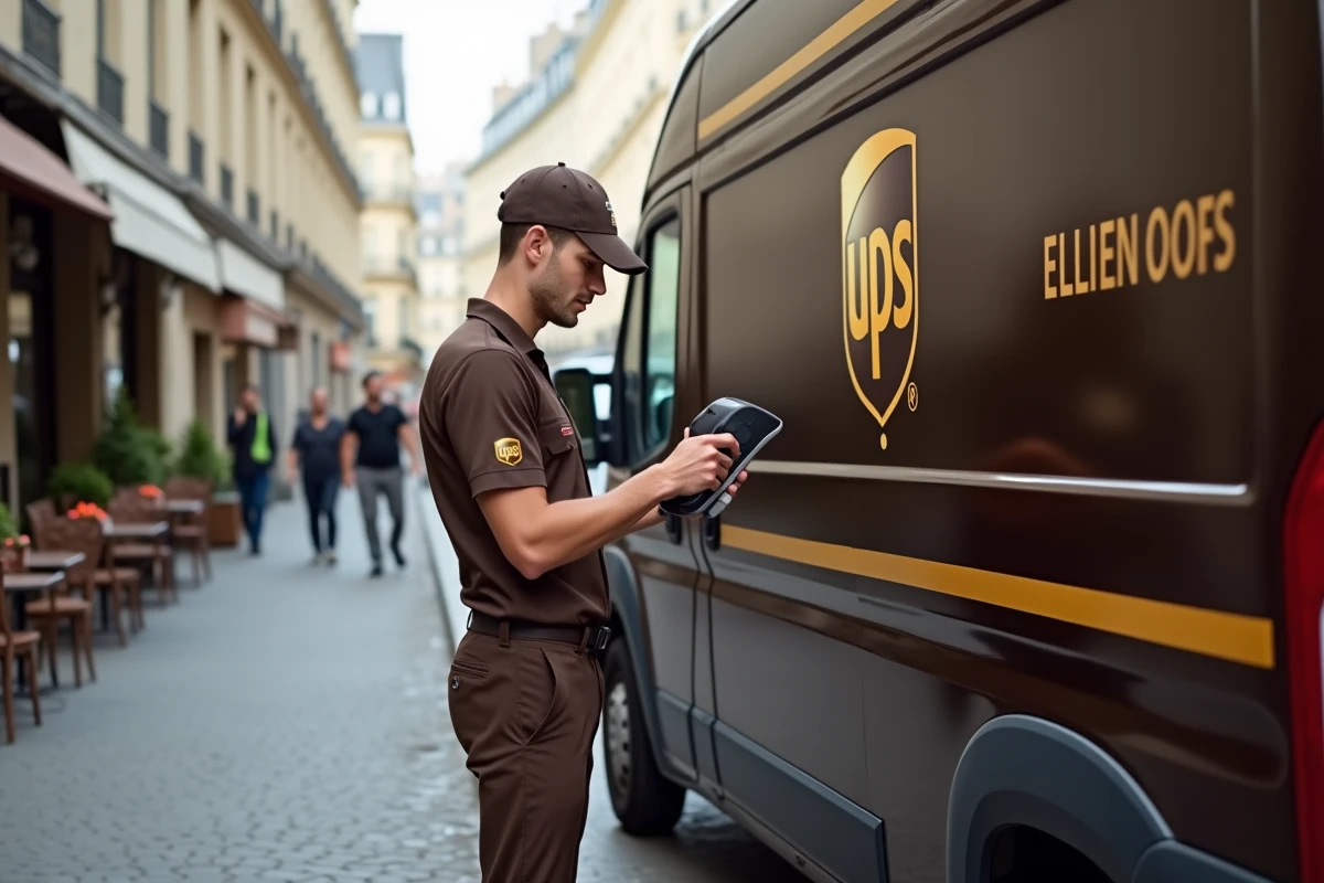 Chauffeur livreur UPS devant son camion dans une rue française tenant un colis avec un scanner