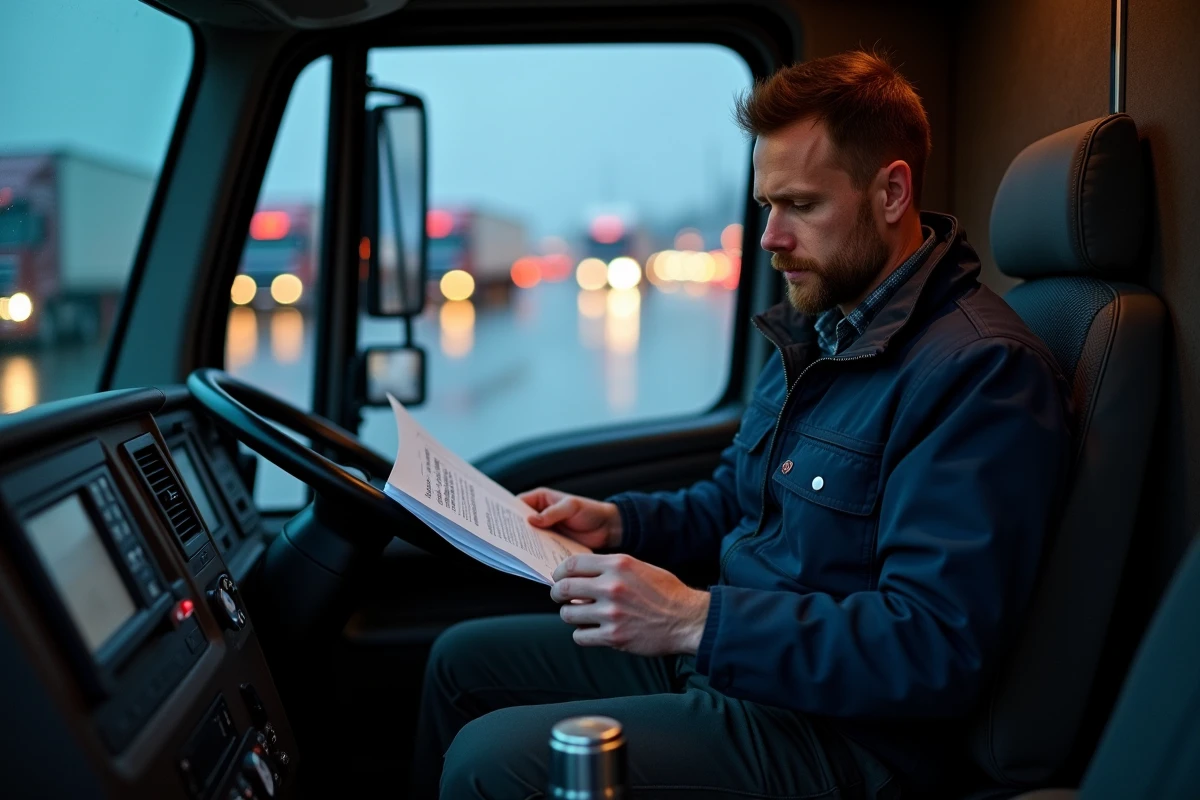 Chauffeur poids lourd de nuit dans sa cabine de camion lors d'une pause sur une aire d'autoroute française