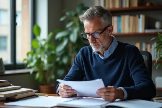 Chercheur en milieu universitaire lisant un article de recherche