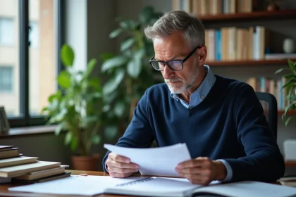 Chercheur en milieu universitaire lisant un article de recherche