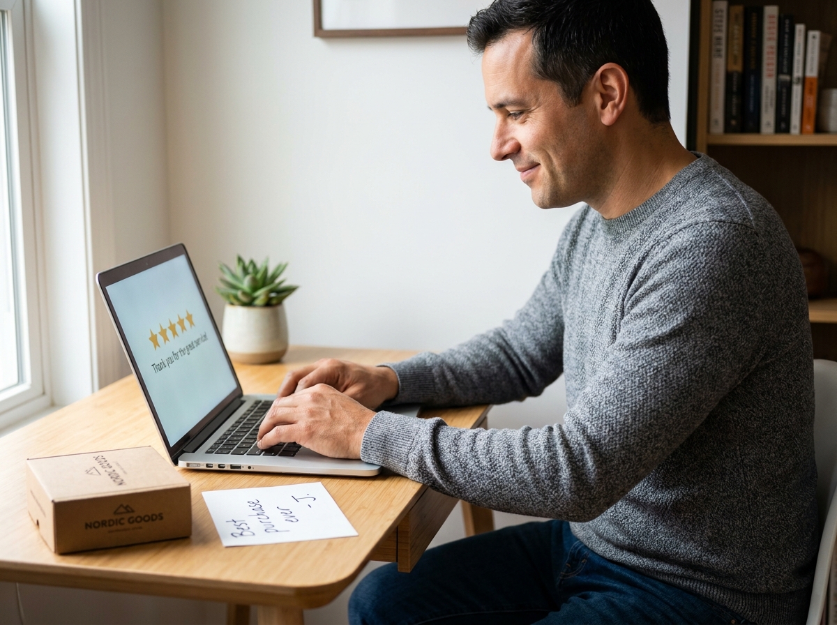 Client satisfait rédigeant un avis cinq étoiles sur son ordinateur portable depuis son bureau à domicile