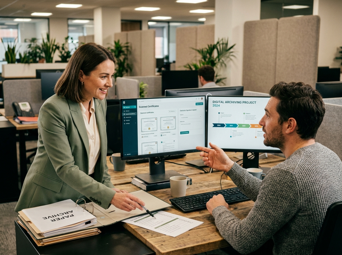 Deux collaborateurs analysant ensemble un workflow de GED pour la gestion des dossiers de formation professionnelle