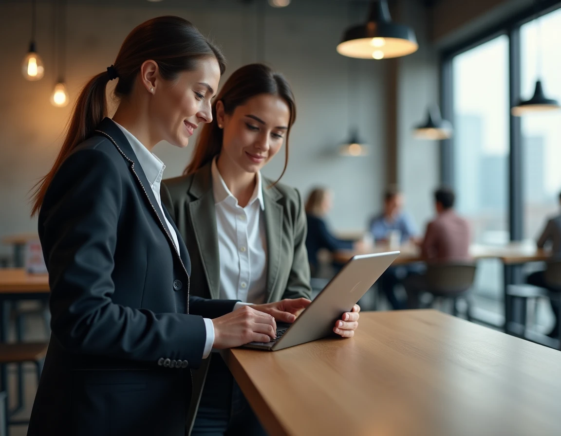 Deux collègues consultant un résultat de vérification SIRET sur tablette dans un espace de coworking
